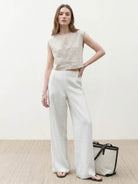 Wide palazzo leg pure linen yarn-dyed long pants with high-rise elastic waist and natural slub texture in indigo color