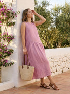 Cotton-linen summer midi dress with tiered skirt and relaxed drop-waist silhouette
