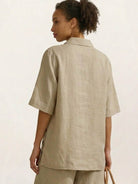 100% cotton oversized button-front co-ord set with drop-shoulder top and relaxed shorts in beige