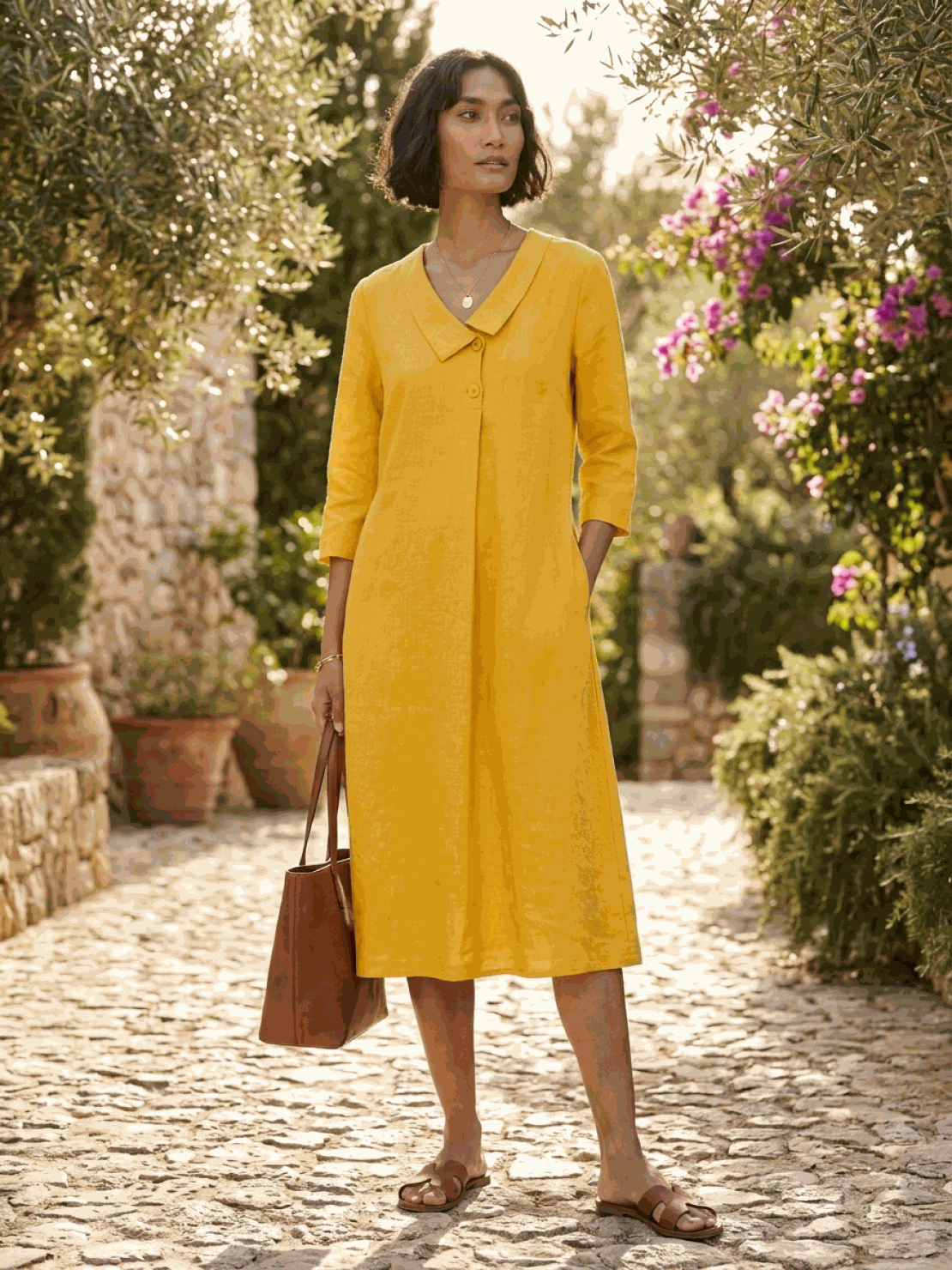 Navy linen-look midi dress with relaxed fit, V-neckline, button detail, and 3/4 sleeves