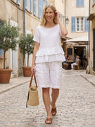 Cotton relaxed shorts and matching ruffle top two-piece summer co-ord set with pockets and tie detail