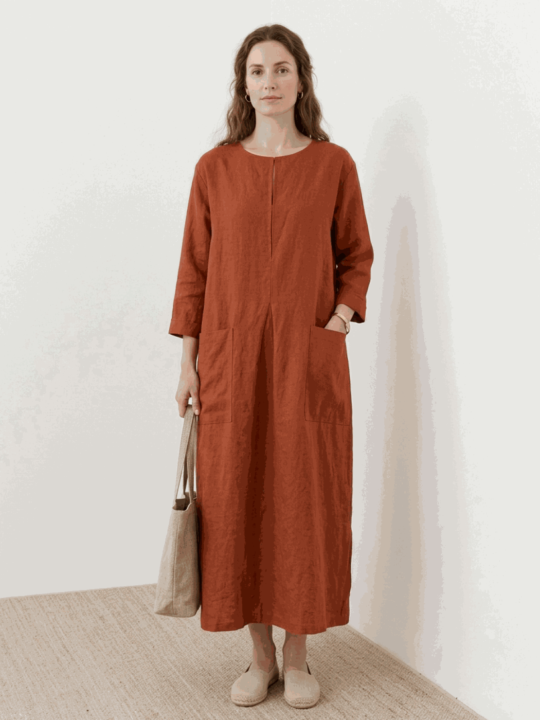 100% cotton A-line pocket maxi dress with 3/4 sleeves and ankle-length hem