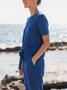 Cotton linen set with relaxed short-sleeve top and straight-leg pants in monochrome tones