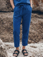 woman wearing cotton-linen monochrome relaxed longline top and wide-leg pants set