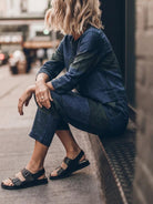 Woman wearing cotton-linen monochrome relaxed longline top and wide-leg pants set