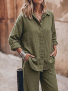 Woman wearing oversized 100% cotton shirt and wide-leg pants co-ord set in relaxed style