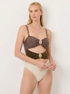 Gold-detail cutout one-piece swimsuit with ruched panels and midi wrap skirt beachwear set