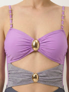 Gold-detail cutout sculpted one-piece swimsuit with ruched panels and midi wrap skirt for beach coverage