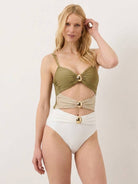 Gold-detail cutout one-piece swimsuit with ruched panels and midi wrap skirt for beach coverage