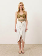 Gold-detail cutout one-piece swimsuit with ruched panels and midi wrap skirt beachwear set