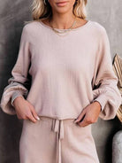 beige round neck loose fit cozy two-piece set with long sleeves and elastic waist pants