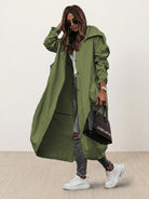 Plus size minimalist hooded coat with oversized fit for travel and layering.