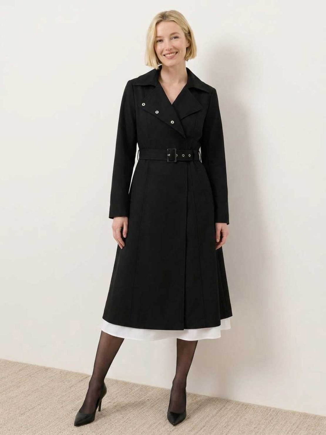 Elegant water-repellent A-line hooded raincoat with matching belt and insulated lining for women
