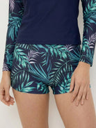 Women's swim shorts rash guard set with long raglan sleeves and matching printed boyshort bottoms