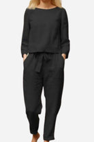 Black monochrome 100% cotton linen two-piece women's set with long sleeves and relaxed trousers.