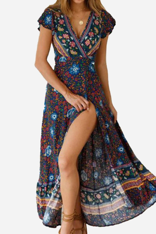 Bohemian Floral Print Wrap Dress