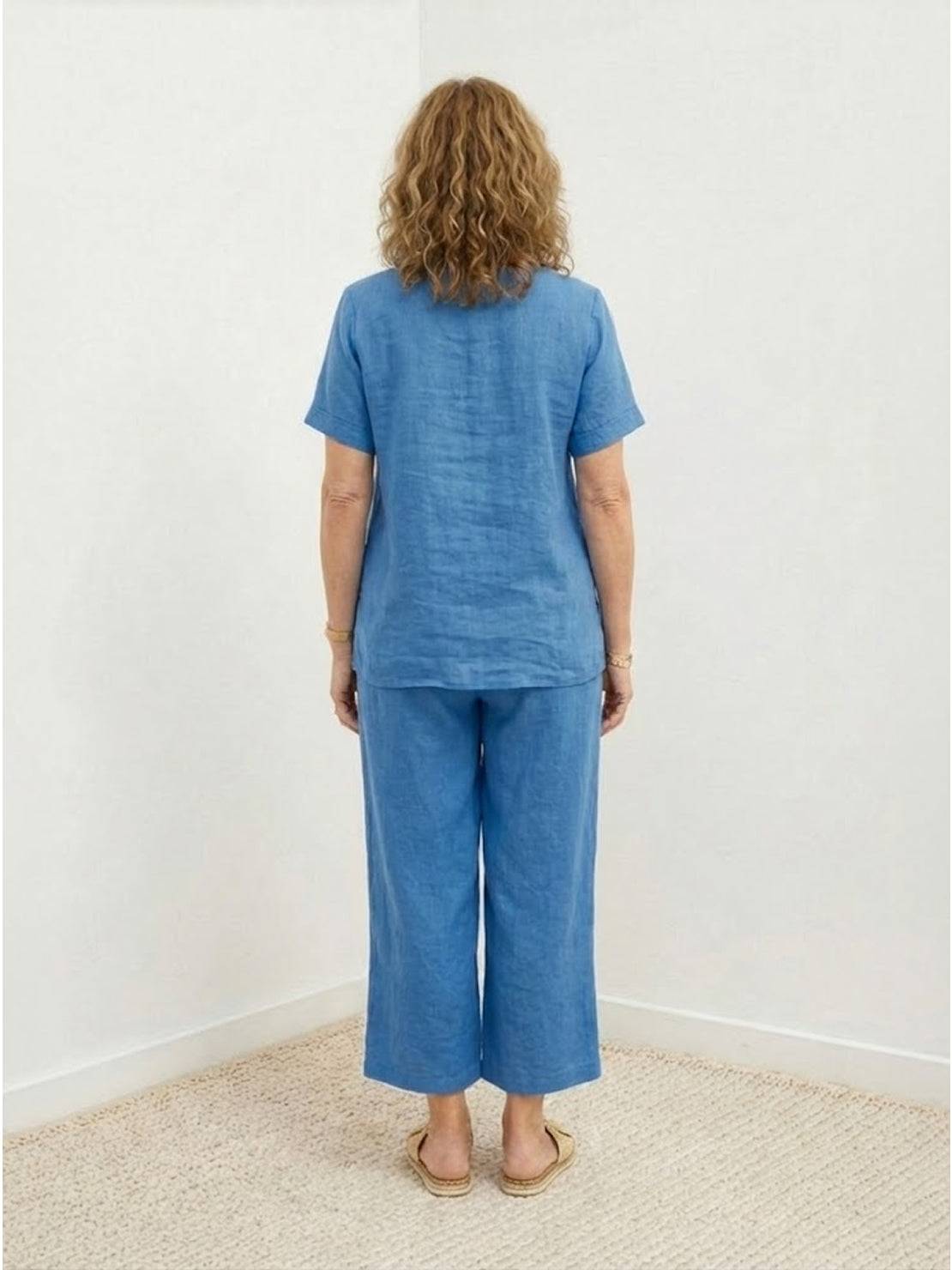 Breezy cotton blend two-piece set with short-sleeve shirt and elastic waist pants for summer comfort and style