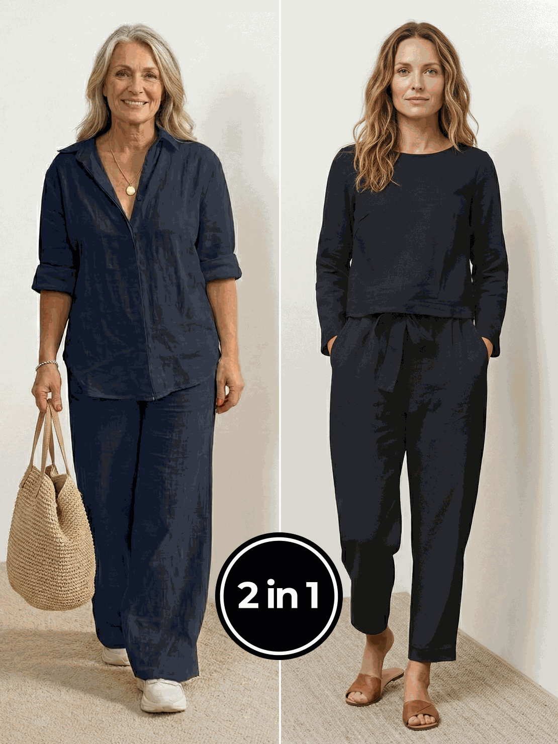 Two women modeling Casual Chic Duo breathable cotton and linen two-piece sets for mix and match style