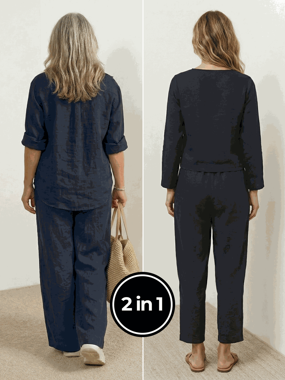 Two women modeling Casual Chic Duo breathable cotton and linen two-piece sets.