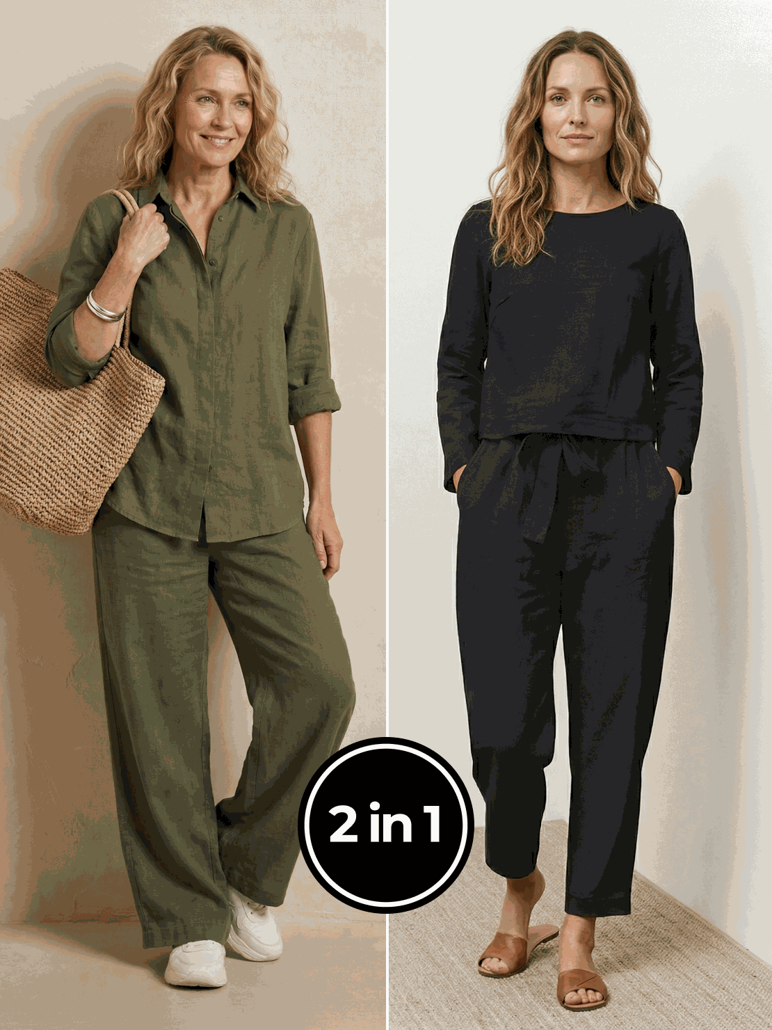 Two women wearing Casual Chic Duo breathable natural fabric two-piece sets, relaxed stylish outfits for travel and comfort