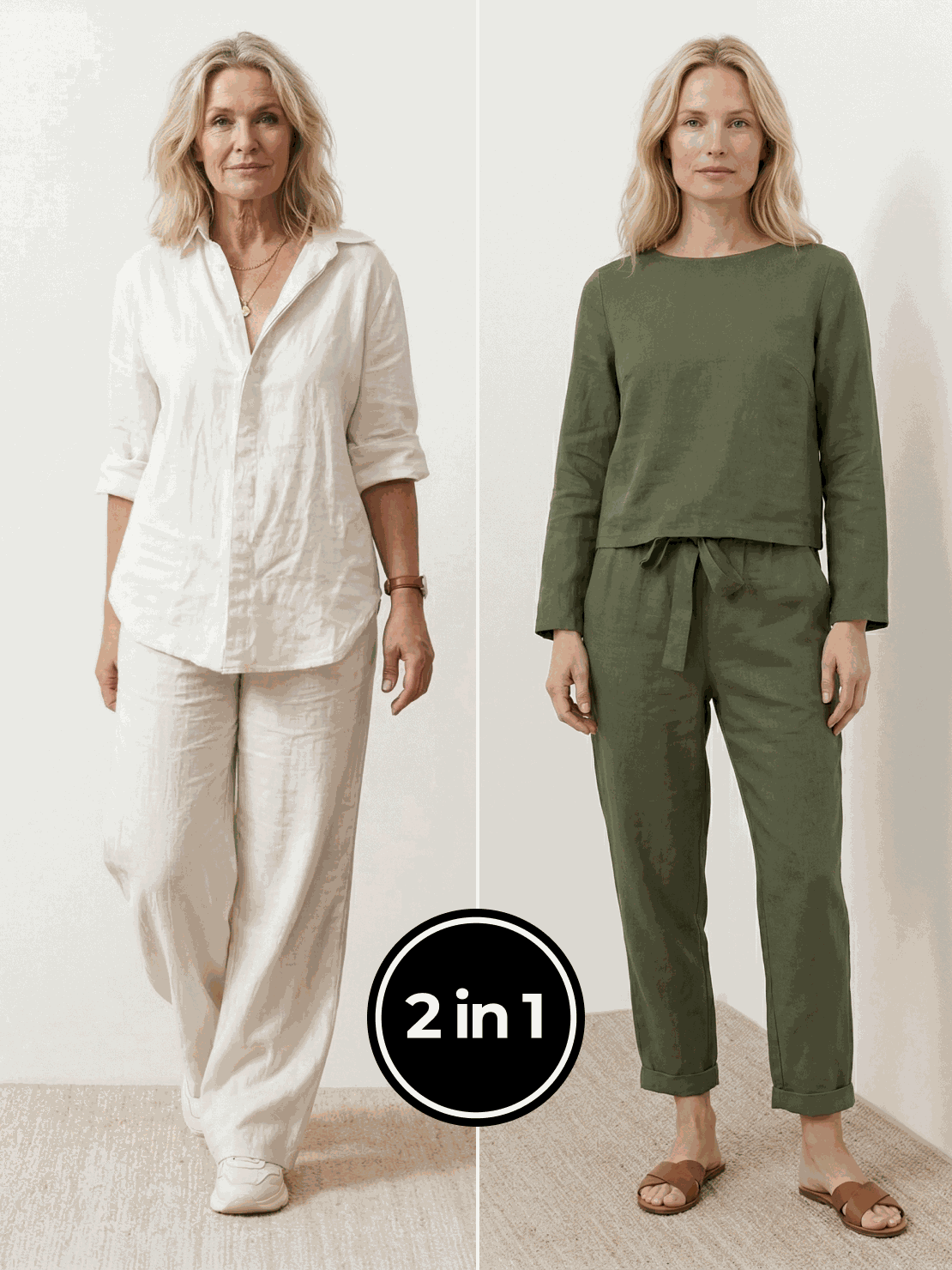 Two women modeling Casual Chic Duo breathable cotton and linen two-piece sets, stylish mix-and-match outfits for comfortable everyday wear