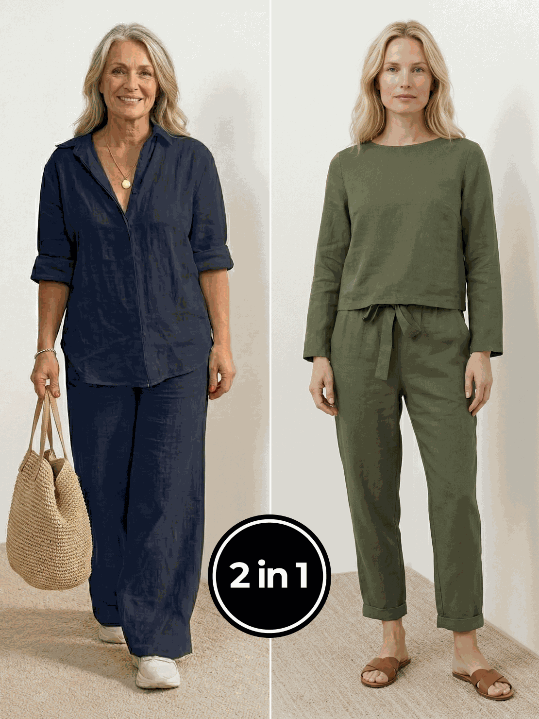 Two women wearing breathable casual chic duo outfits in natural fabrics, styled as mix-and-match two-piece sets.