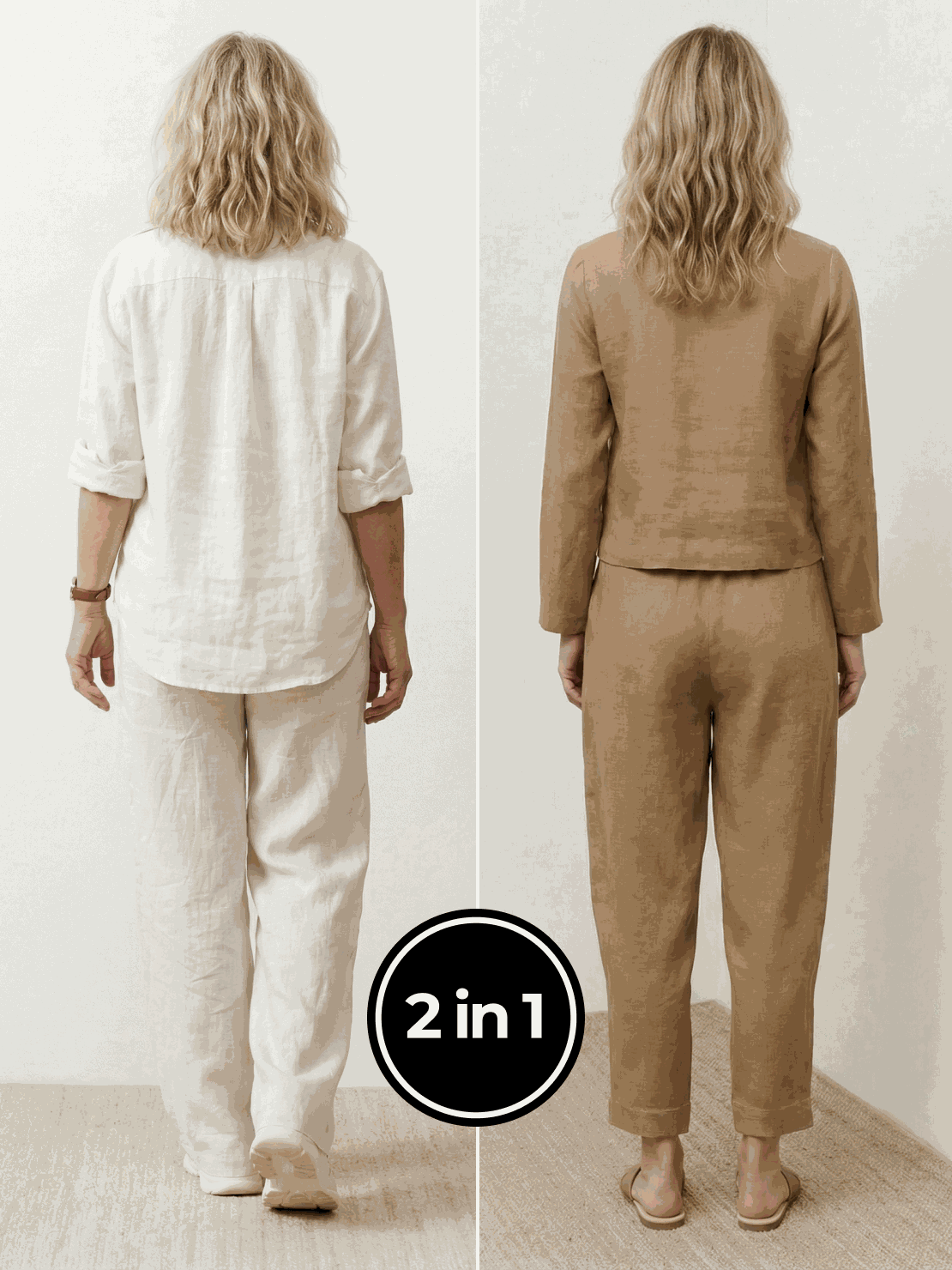 Two women wearing breathable casual chic duo cotton and linen mix-and-match two-piece sets, relaxed fit outfits for cool and confident style