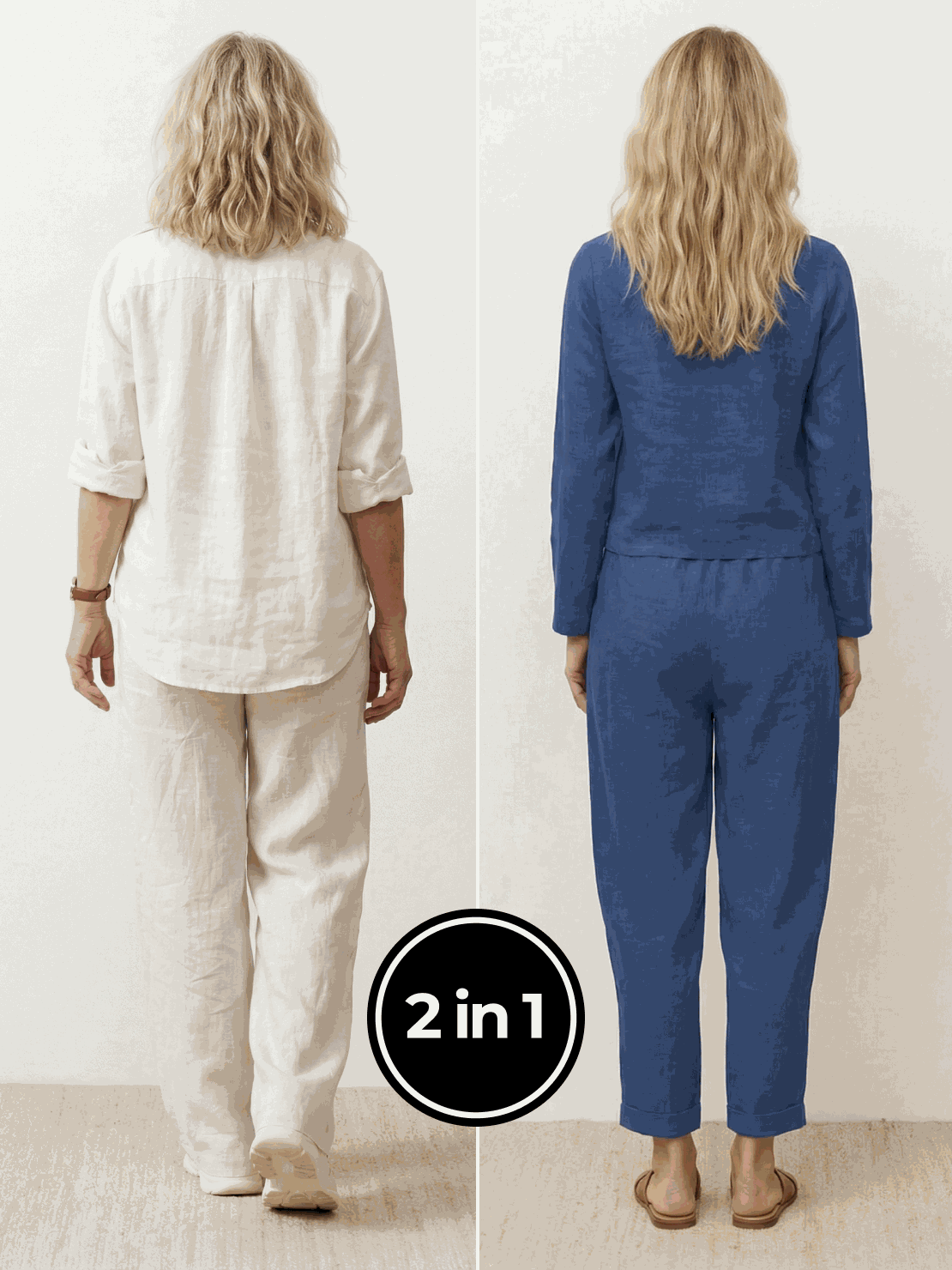 Two women wearing breathable Casual Chic Duo relaxed shirt and cotton linen two-piece sets