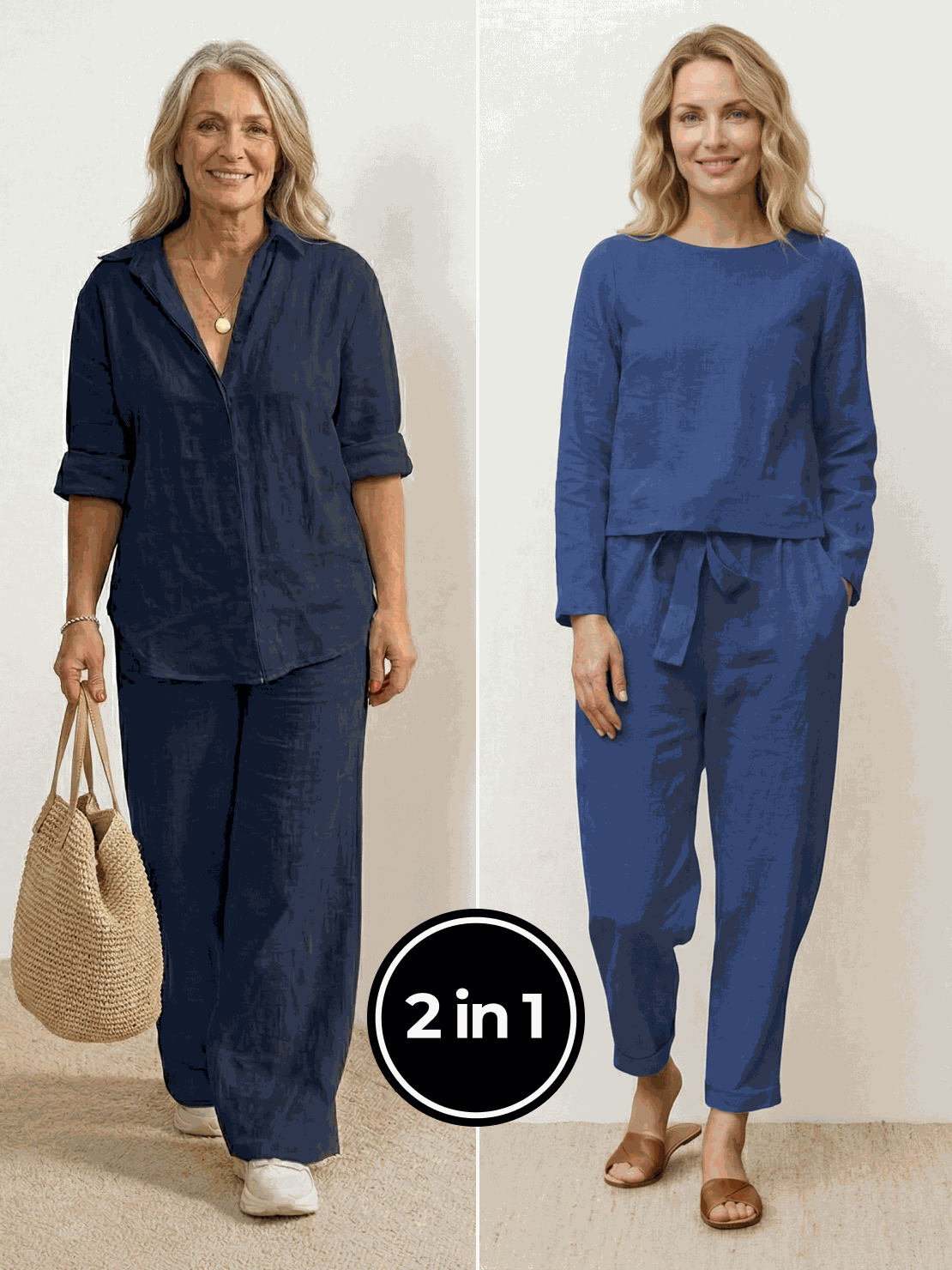 Two women wearing Casual Chic Duo breathable cotton and linen mix-and-match sets