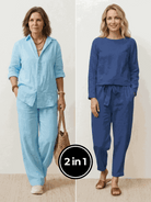 Two women wearing breathable casual chic duo cotton and linen mix-and-match two-piece outfits