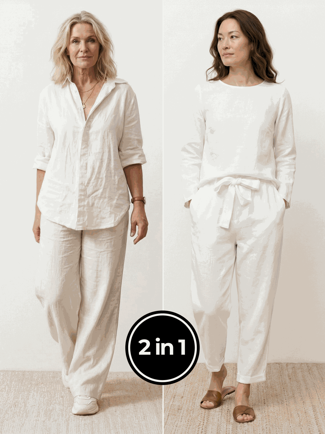 Two women wearing Casual Chic Duo breathable natural fabric two-piece sets, showcasing mix and match casual chic outfits.