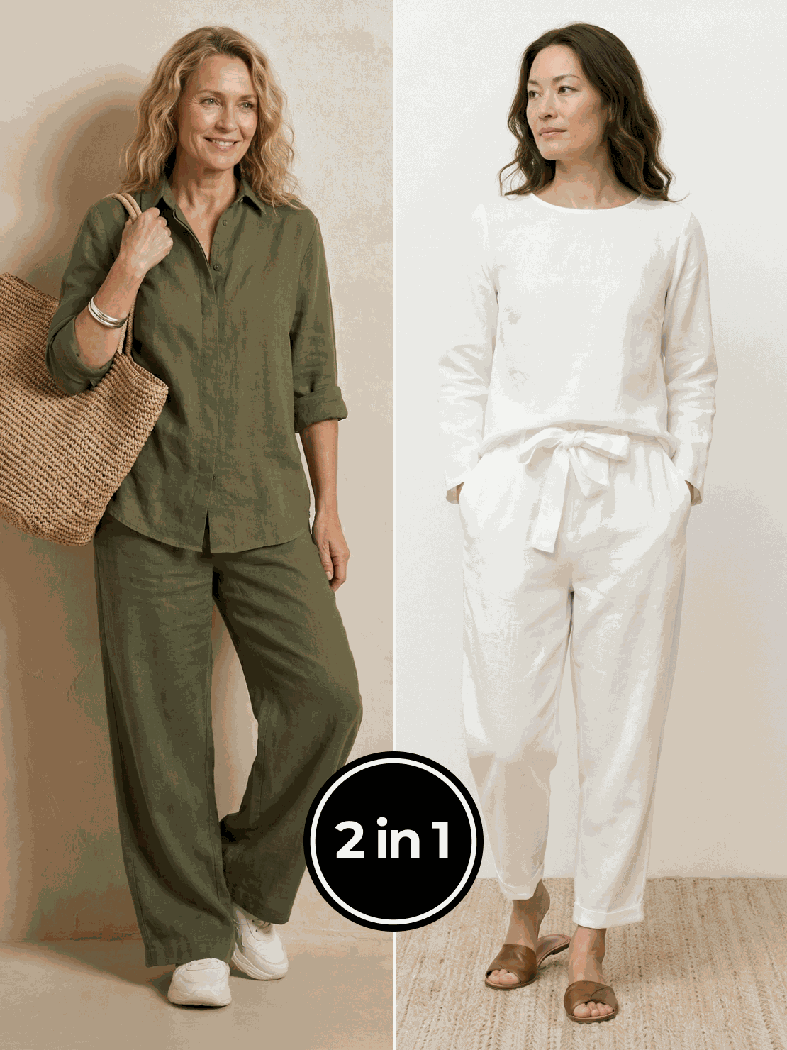 Two women modeling casual chic duo breathable cotton and linen mix-and-match two-piece sets