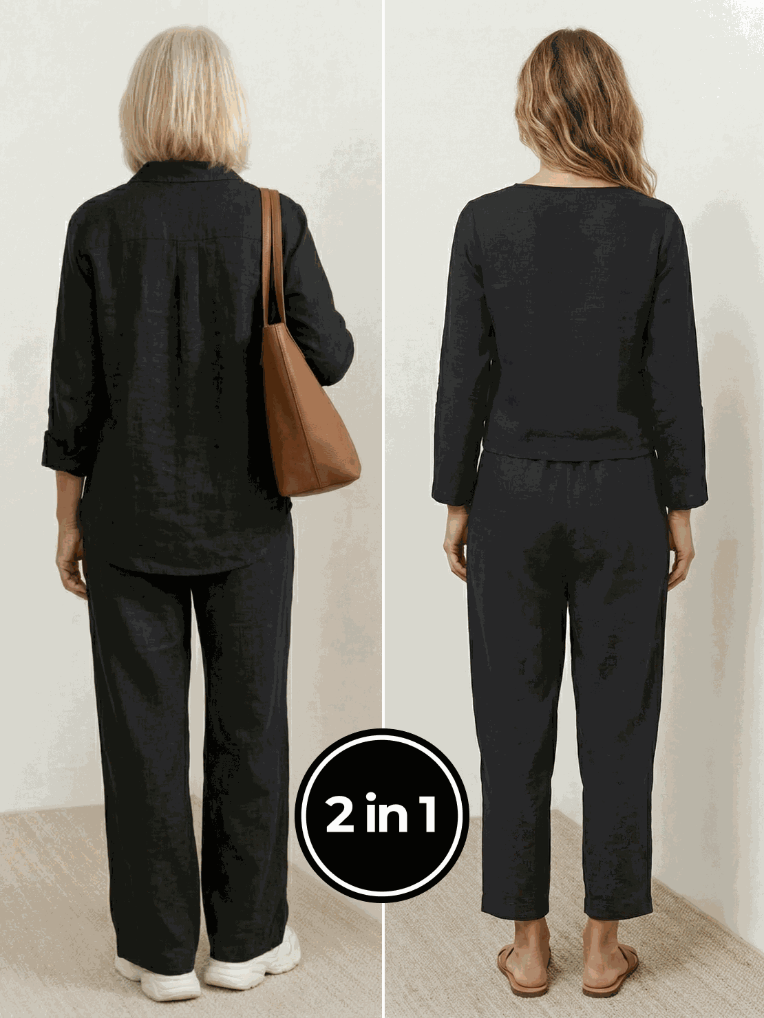 Two women wearing casual chic duo breathable cotton and linen two-piece sets standing outdoors