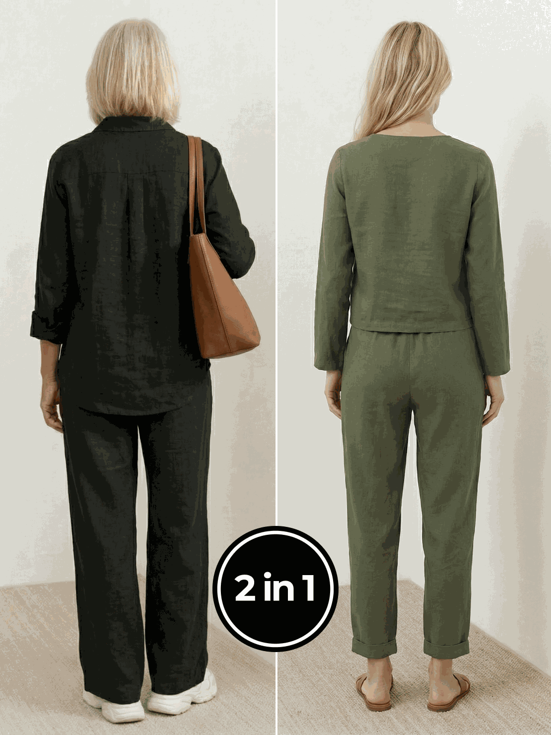 Two women modeling Casual Chic Duo breathable cotton and linen mix-and-match outfits
