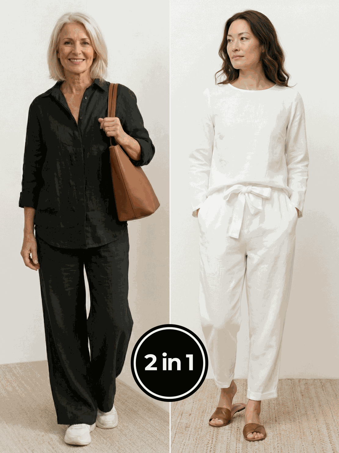Two women wearing breathable casual chic duo cotton and linen two-piece sets, stylish and comfortable outfits for effortless mix and match looks