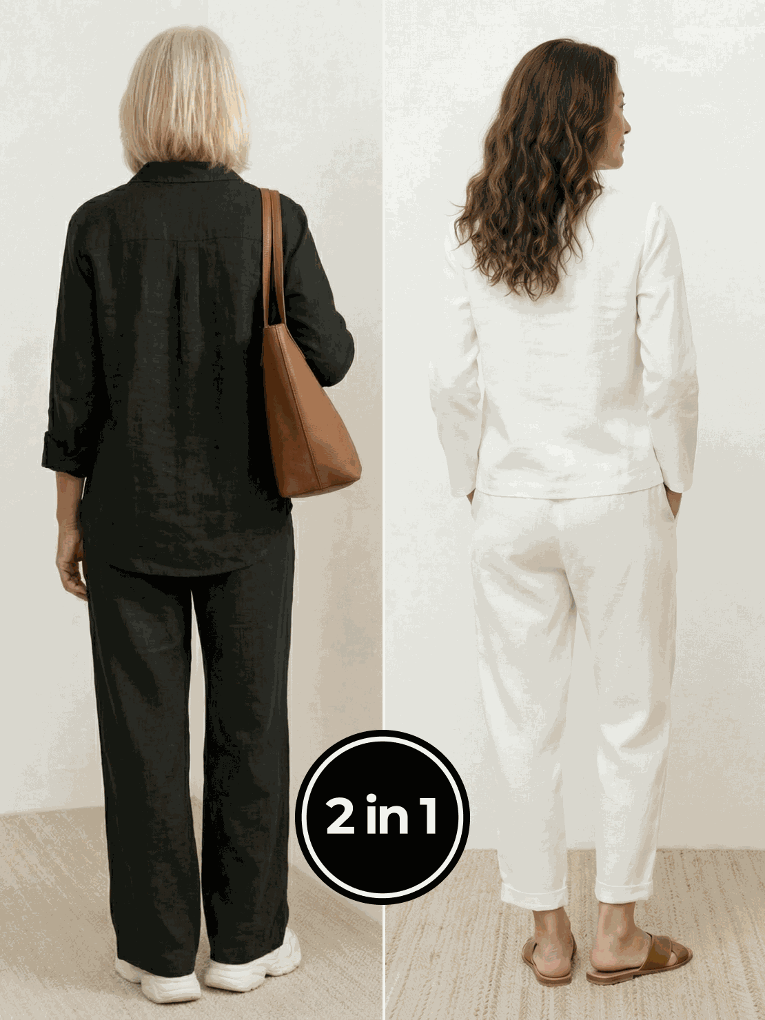 Two women modeling Casual Chic Duo breathable cotton and linen mix-and-match outfits