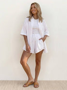 Coastal linen cotton two-piece set with breathable textured fabric and relaxed fit on model