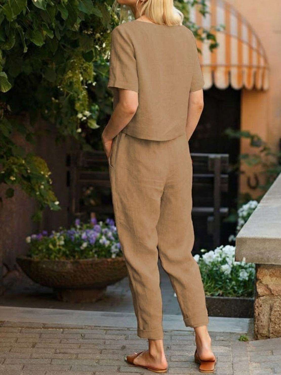 Straight-leg cotton linen monochrome pants with adjustable drawstring waist and natural texture