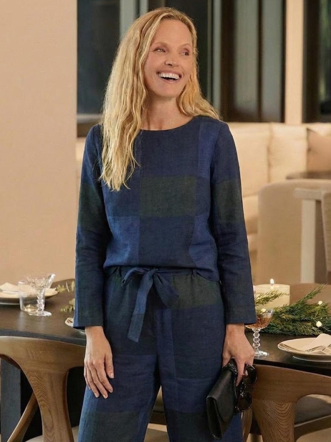 Cotton-linen monochrome relaxed longline top and wide-leg pants set on model