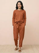 Cotton-linen monochrome relaxed longline top and wide-leg pants set in neutral tones