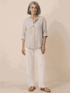 pure linen age-defying shirt with button detail on white background