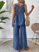 Dreamcatcher Crochet-Back two-piece set with asymmetric top and wide-leg palazzo pants in linen-look fabric