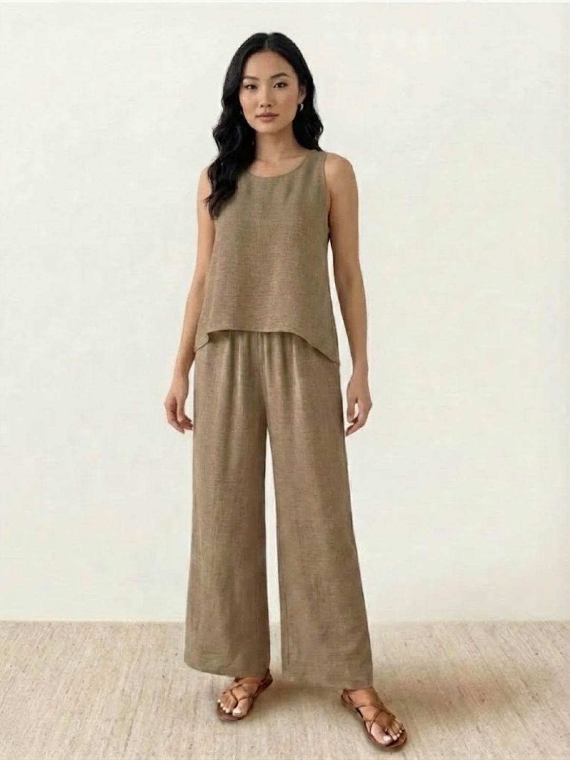 Dreamcatcher Crochet-Back sleeveless top and palazzo set with mandala crochet design and linen-look fabric