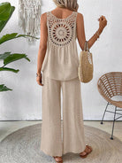 Dreamcatcher Crochet-Back two-piece set with sleeveless top and wide-leg palazzo pants in linen-look fabric