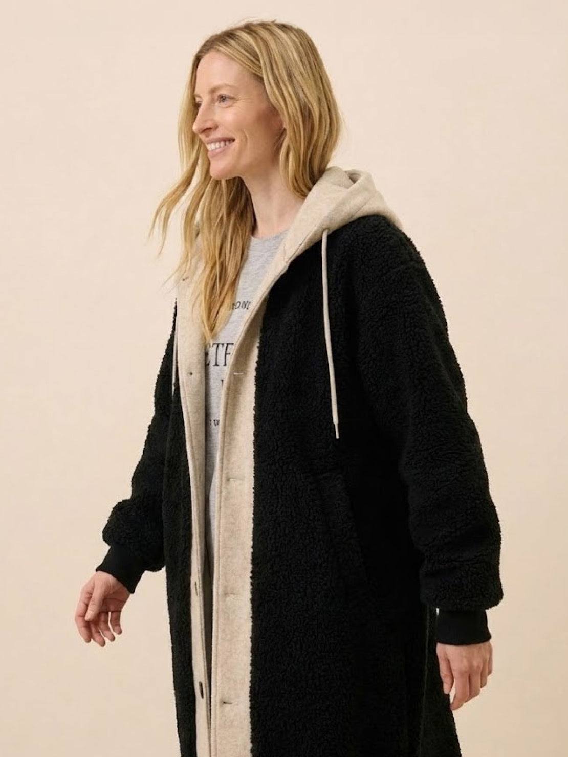 Everyday wear oversized sherpa long coat with cozy lining and flattering silhouette