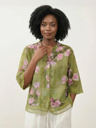 French Boutique Style elegant organza floral print blouse with lightweight breathable fabric
