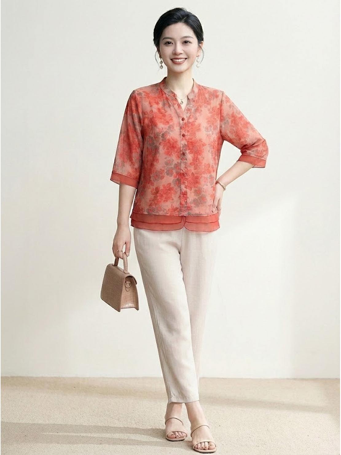 French boutique style organza blouse with elegant floral print and lightweight breathable fabric