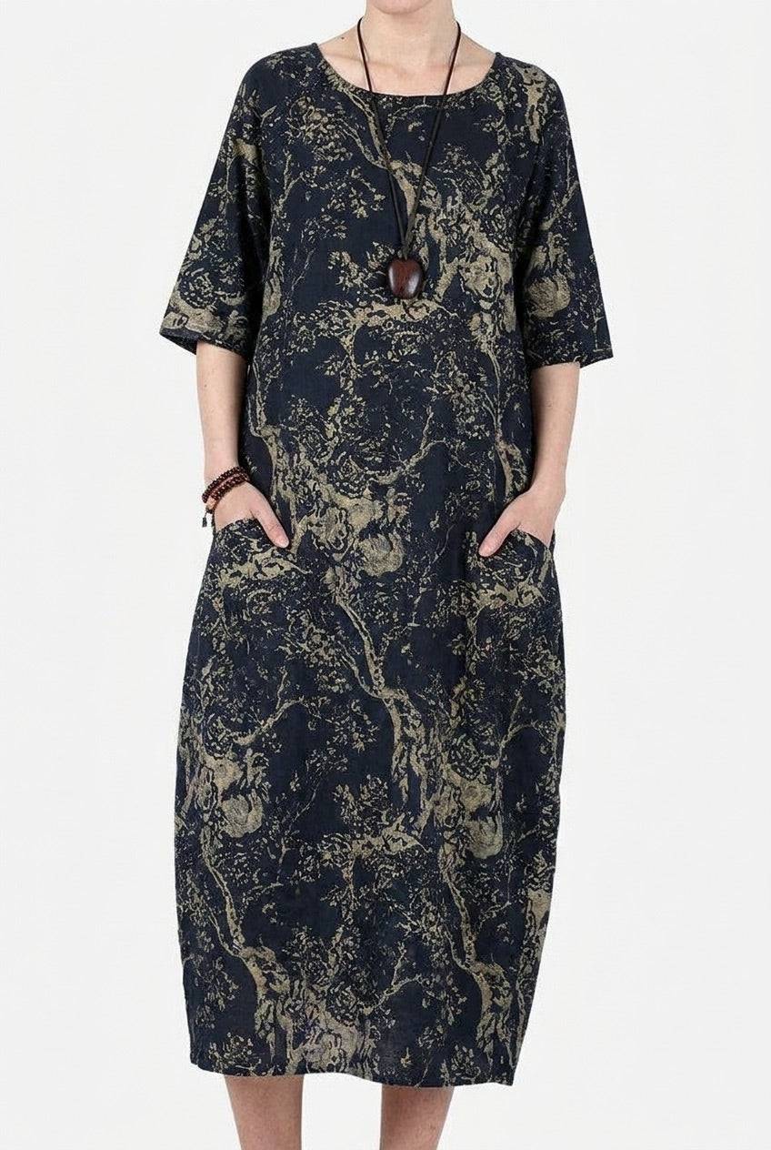 Blue Japanese porcelain print midi dress with 3/4 sleeves and oversized pockets