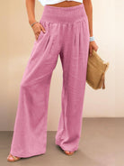 women's high-waist cotton linen palazzo pants in pink with wide legs and pockets