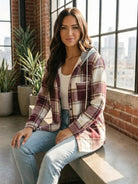 Highland Plaid Shacket with soft fleece lining, hood, button-front, and plaid pattern for cozy layering in cool weather